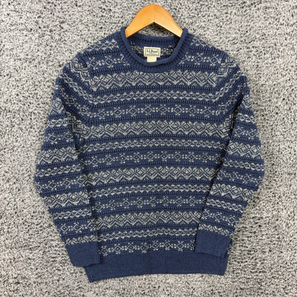 L.L.Bean Sweater Mens Medium Blue Fair Isle Roll Neck Fisherman Organic Cotton M
